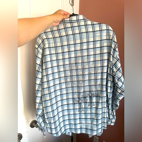 Chrome Hearts Flannel Plaid Shirt Unisex Size Medium Oversized Light Blue Navy - Picture 16 of 16